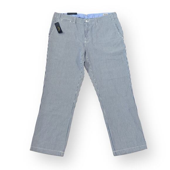 NWT Polo Ralph Lauren Mens Blue White Striped Seersucker Classic Fit Pants 38x30 - Picture 1 of 11